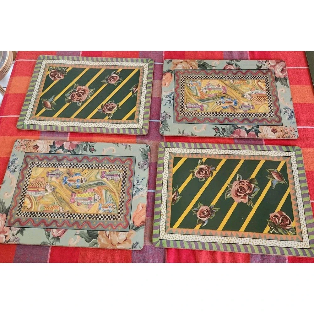 Set of 5 Mackenzie Childs Cork Placemats 3 Courtly Check Fish 2 Roses Floral